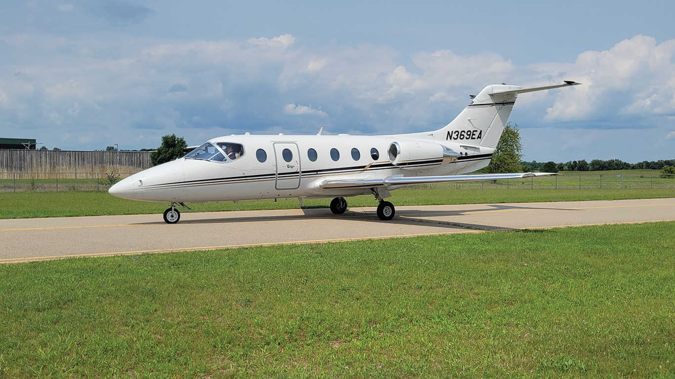 Image of a small airplane on a landing strip with green grass and a blue sky in the background. 